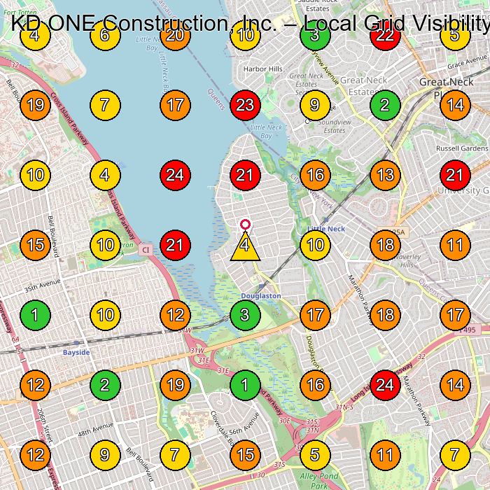 KD ONE Construction, Inc. Construction Company GeoGrid ranking map for Douglaston NY